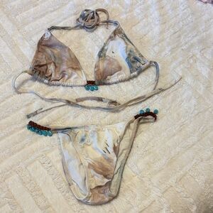 Stylish Marble Print Bikini Set With Turquoise Stones. Excellent quality!